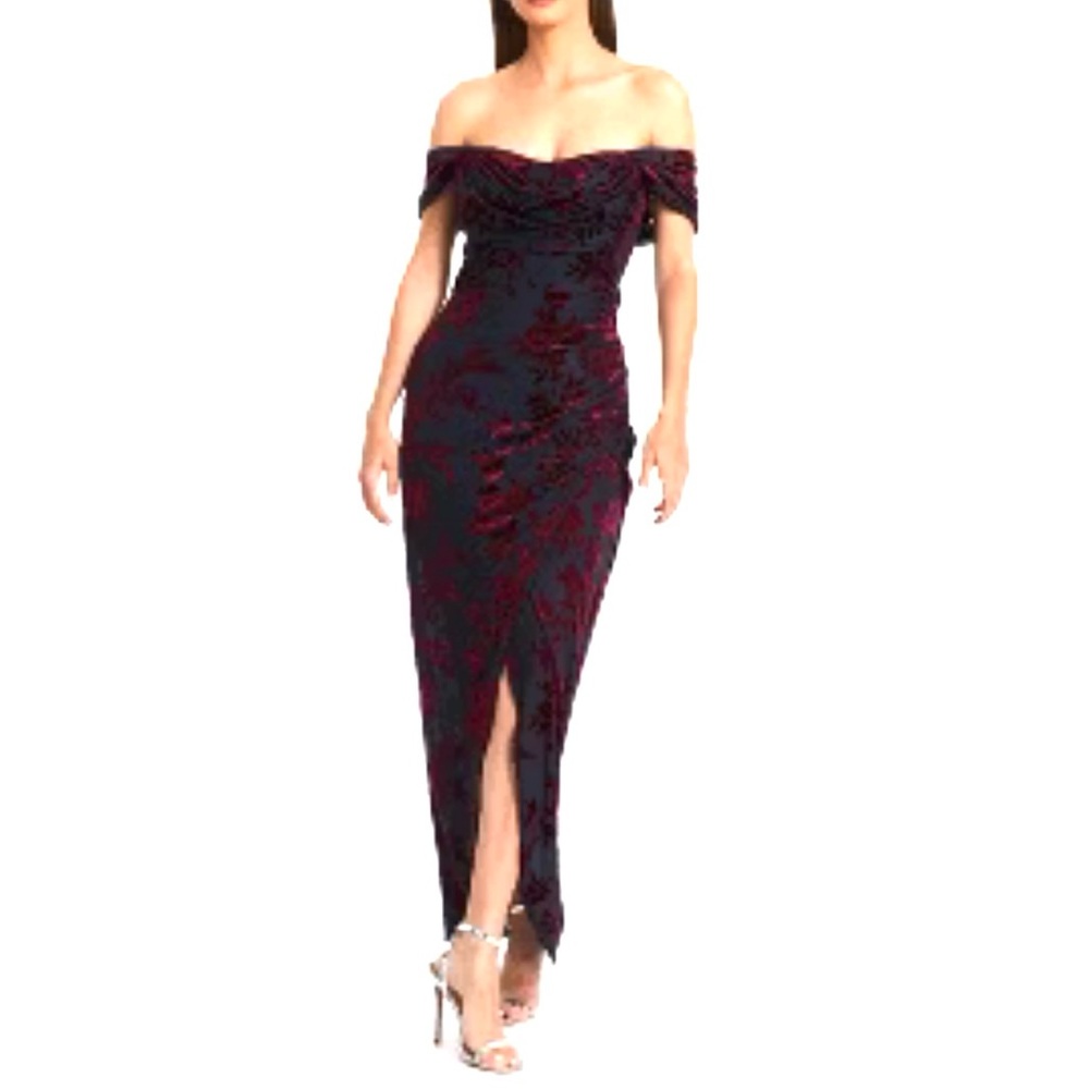 NWT Floral Devore Bardot Maxi Dress Burgandy/Black‎ $133.00 Whimsigoth Burnout